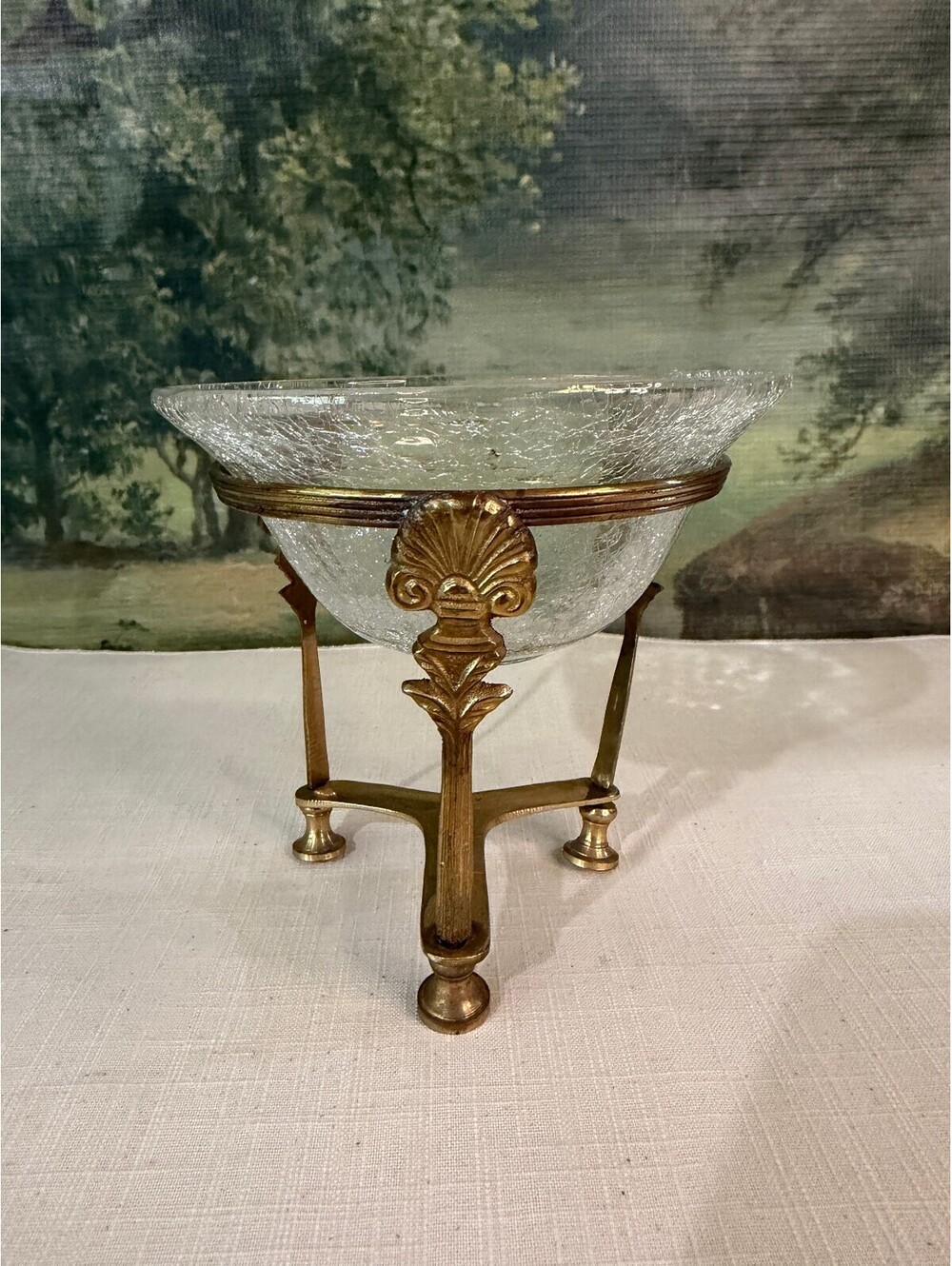 Vintage Crackle Glass Bowl with Brass Stand